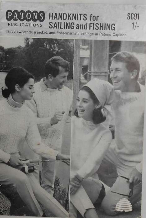 PATONS #SC91 HANDKNITS FOR SAILING & FISHING - 3 SWEATERS, A JACKET, & FISHERMAN`S STOCKINGS