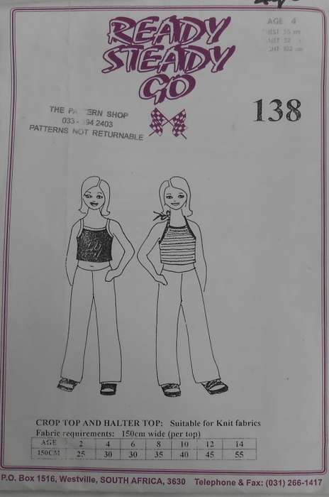 READY-STEADY-GO PATTERN-138 GIRLS CROPPED TOP & HALTER TOP AGE 4 YEARS CHEST 55 CM