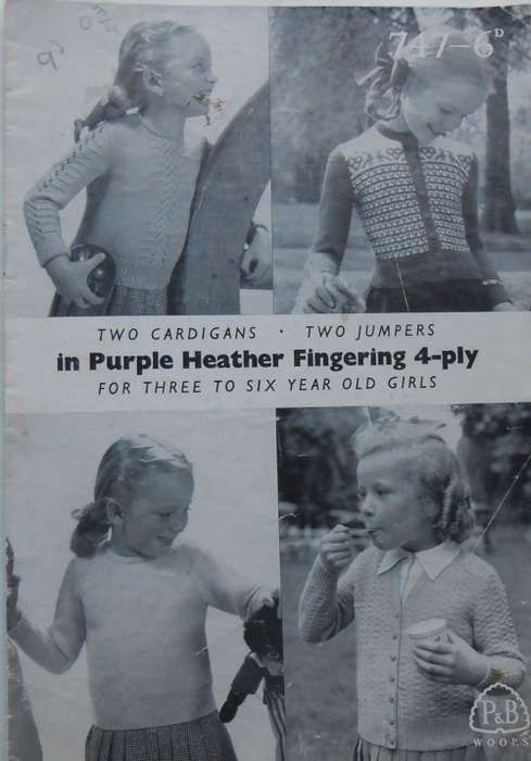 P&B  #747 `TWO CARDIGANS-TWO JUMPERS IN PURPLE HEATHER FINGERING 4 PLY FOR THE 3 -  6 YEARS OLD GIRL
