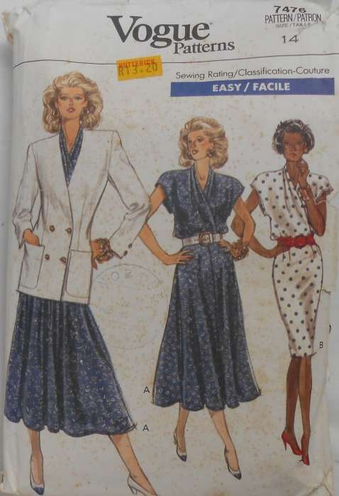VOGUE 7476 JACKET & DRESS SIZE 14  COMPLETE-ZIPLOC BAG