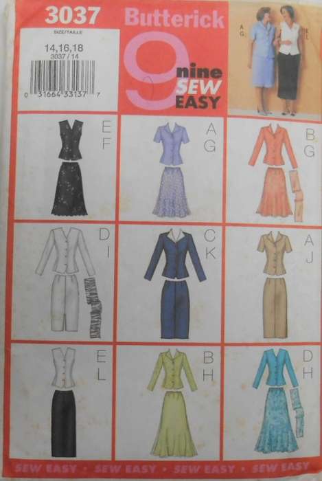BUTTERICK 3037 SET OF TOPS-SKIRTS-SCARF SIZE 14-16-18 COMPLETE-UNCUT-F/FOLDED