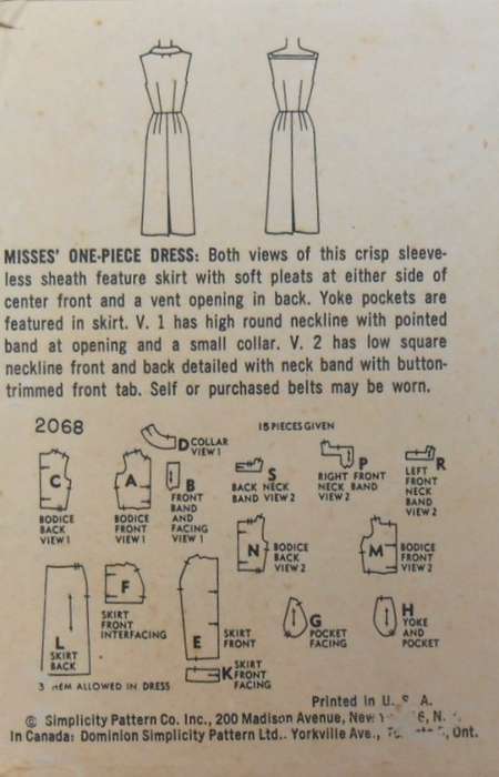 VINTAGE SIMPLICITY 2068  ONE PIECE DRESS SIZE 12 BUST 32 COMPLETE-UNCUT-F/FOLDED