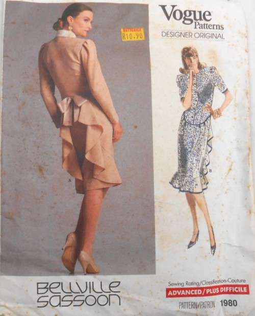 VOGUE 1980-BELLVILLE SASSOON -ONE PIECE DRESS WITH FLOUNCE SIZE 14 COMPLETE