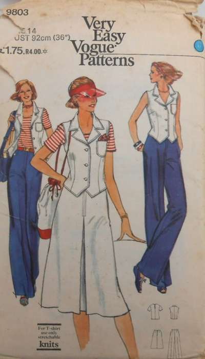 VOGUE 9803  T-SHIRT-WAISTCOAT-SKIRT-PANTS SIZE 14  BUST 36/92 CM COMPLETE-ZIPLOC