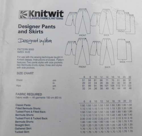 KNITWIT PATTERN 8000 DESIGNER PANTS & SKIRTS SIZES LADIES 6 - 22
