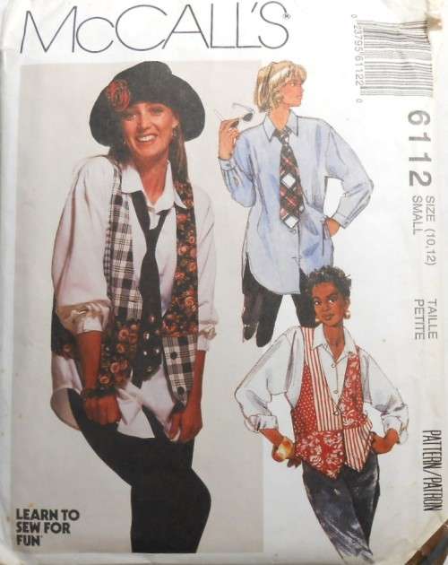 McCALLS 6112 SHIRT-WAISTCOAT-TIE SIZE SMALL 10-12 COMPLETE-UNCUT-F/FOLDED