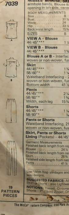 McCALLS 7039 BLOUSE-SKIRT-PANTS-SHORTS SIZE 14 BUST 36 COMPLETE-PART CUT