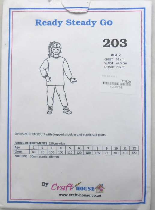 READY-STEADY-GO PATTERN-203 - OVERSIZED TRACKSUIT WITH DROPPED SHOULDERS  AGE 1 YEARS CHEST 50 CM