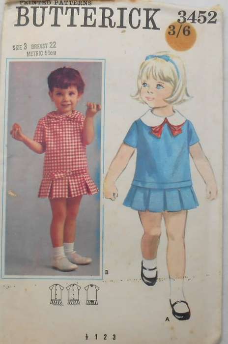 VINTAGE BUTTERICK 3452 ONE PIECE DRESS SIZE 3 YEARS BREAST 22 COMPLETE