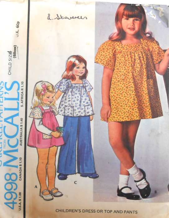 VINTAGE McCALLS 4998 GIRLS DRESS-TOP-PANTS SIZE 4 YEARS BREAST 58 CM COMPLETE-UNCUT-F/FOLDED