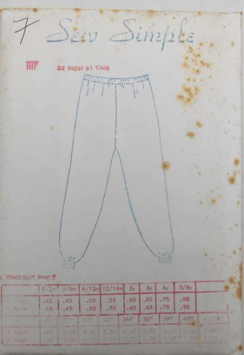 SEW SIMPLE PATTERNS 7  TRACKSUIT PANTS SIZE HIP 40 OR 102 CM  COMPLETE