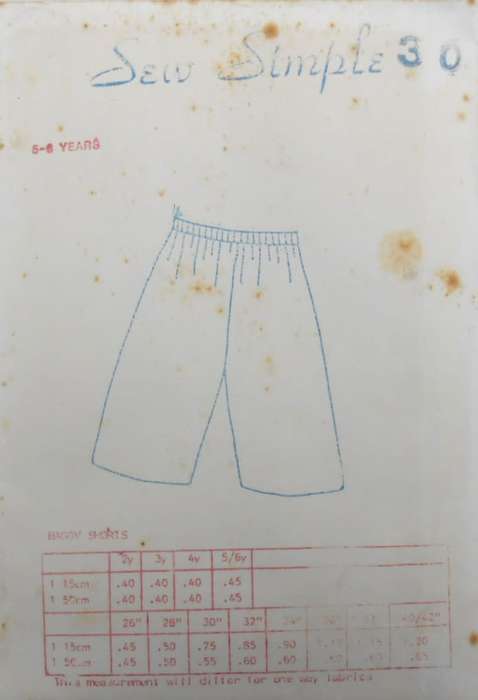 SEW SIMPLE PATTERNS 30  BAGGY SHORTS SIZE 5-6 YEARS COMPLETE