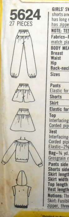 SIMPLICITY 5624 GIRLS SWEATSHIRT-PANTS-SHORTS-MINISKIRT-HOOD-BAG  SIZE 8-10 YEARS COMPLETE-UNCUT-F/F
