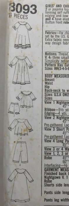 SIMPLICITY 8093 GIRLS NIGHTGOWN-ROBE-LONG/SHORT PJS SIZE 8-14 YEARS COMPLETE