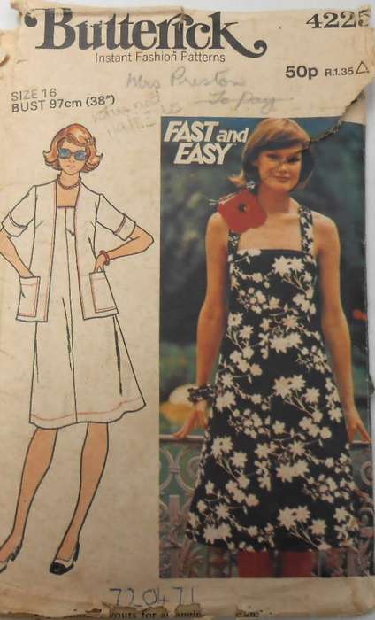 BUTTERICK 4225 SEMI FITTED UNLINED JACKET & STRAP DRESS SIZE 16 BUST 97 CM COMPLETE