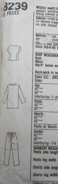 SIMPLICITY 8239 PANTS-SHORTS-TOP-UNLINED JACKET SIZE 12-16 COMPLETE-PART CUT