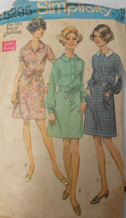 VINTAGE SIMPLICITY 8295 DRESS WITH 2 COLLARS SIZE 14 1/2 BUST 37 COMPLETE-UNCUT-F/FOLDED