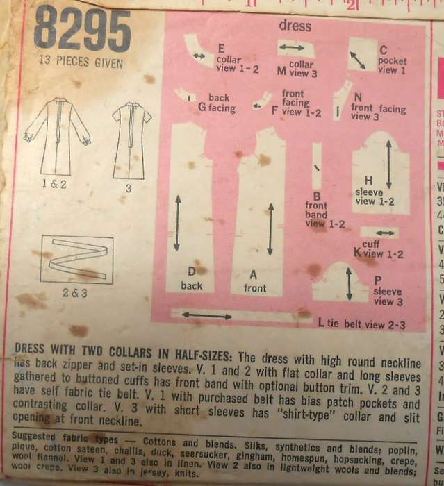 VINTAGE SIMPLICITY 8295 DRESS WITH 2 COLLARS SIZE 14 1/2 BUST 37 COMPLETE-UNCUT-F/FOLDED