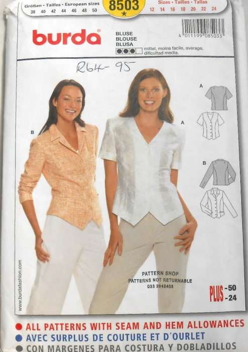 BURDA 8503 BLOUSE-TOP SIZE 12-24 COMPLETE CUT TO 16