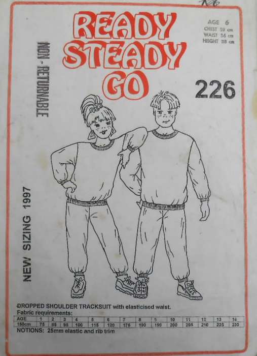 READY-STEADY-GO PATTERN-#226  KIDS DROPPED SHOULDER TRACKSUIT AGE 3 YEARS CHEST 53 CM