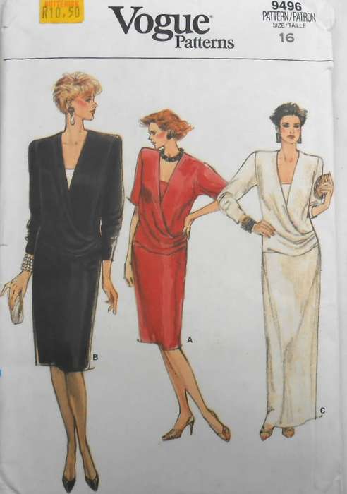VOGUE 9496 SEMI FITTED STRAIGHT DRESS WITH DRAPE SIZE 16 COMPLETE-UNCUT-F/FOLDED