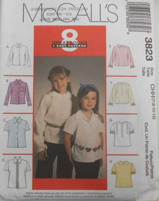 McCALLS 3823 GIRLS BLOUSES & SHIRTS SIZE 7-8-10-12 YEARS COMPLETE