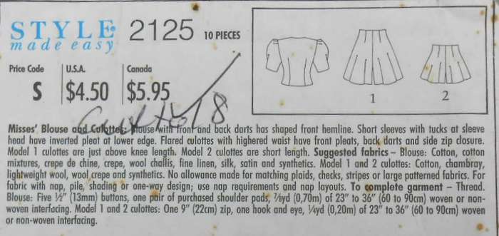 STYLE 2125 BLOUSE & CULOTTES SIZE 6-18 COMPLETE-CUT TO SIZE 18