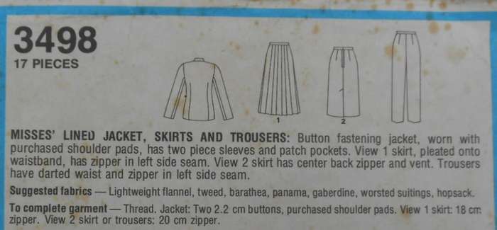 STYLE 3498 LINED JACKET-SKIRTS-PANTS SIZE 12 COMPLETE-UNCUT-F/FOLDED