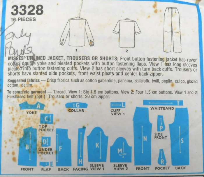 STYLE 3328 UNLINED JACKET/SHIRT-PANTS OR SHORTS SIZE 14 BUST 92 CM COMPLETE-PART CUT
