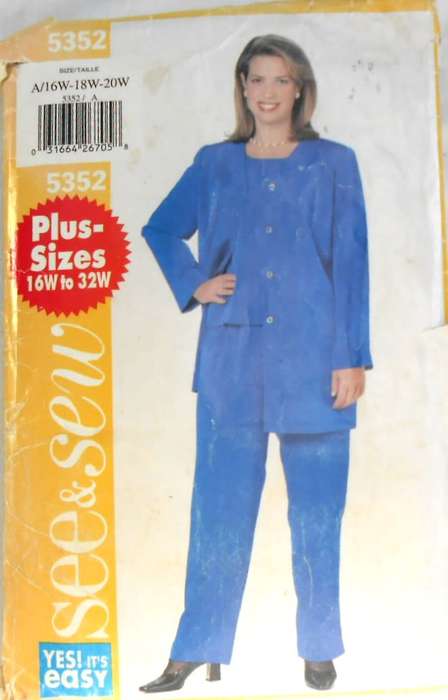 BUTTERICK 5352 JACKET-TOP-PANTS PLUS SIZES SIZE 16W-18W-20W  COMPLETE-CUT TO 20W-ZIPLOC BAG