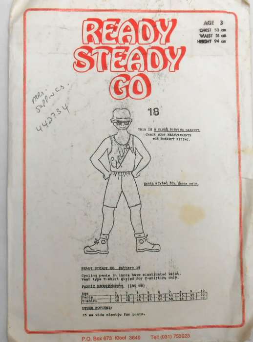 READY-STEADY-GO PATTERN-NUMBER 18 KIDS  LYCRA CYCLING PANTS & T TANK TOP  AGE 3 YEARS CHEST 53 CM