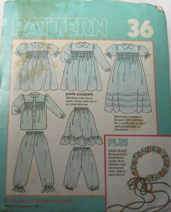 MAKE IT EASY PATTERN NUMBER  36 -PARTY POPPETS-MACHINE SMOCKED DRESS+ HEAD-DRESS COMPLETE-UNCUT