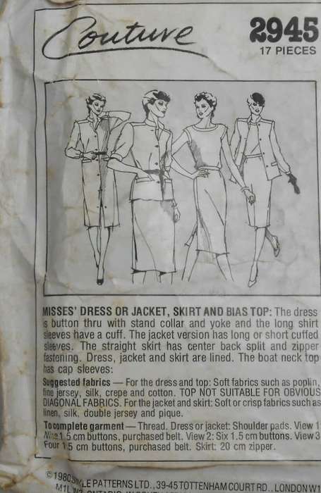 STYLE COUTURE 2945 DRESS OR JACKET-SKIRT & BIAS TOP  SIZE 10 COMPLETE-UNCUT-F/FOLDED
