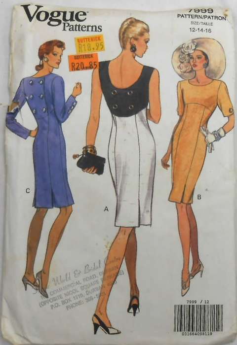 VOGUE 7999 SEMI FITTING DRESS HAS SHAPED BACK BUTTON BODICE-SIZE 12-14-16 COMPLETE-CUT TO 16 ZIPLOC