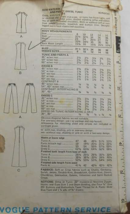 VOGUE 8259 MATERNITY DRESS-TUNIC-PANTS SIZE 12 BUST 34 COMPLETE-ZIPLOC
