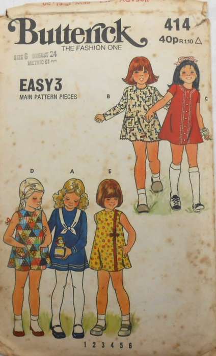 VINTAGE BUTTERICK 414 GIRLS ONE PIECE A-LINE DRESS SIZE 6 YEARS BREAST 24 COMPLETE