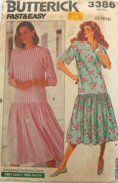 BUTTERICK 3386 DRESS WITH LOOSE FITTING DROP WAIST BODICE SIZE 12-14-16 COMPLETE-CUT TO 16