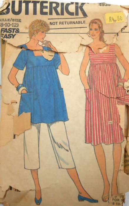 BUTTERICK 4938 TOP-DRESS-CAPRI PANTS SIZE 8-10-12 COMPLETE-CUT TO 12-COVER WORN-ZIPLOC BAG
