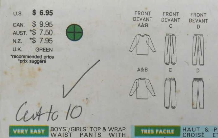 BUTTERICK 5733 GIRLS & BOYS TOP & WRAP WAIST PANTS WITH VELCRO SIZE 7-8-10 YEARS COMPLETE-CUT TO 10