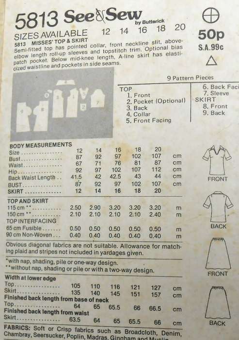 BUTTERICK 5818 TOP-SKIRT SIZE 12 COMPLETE