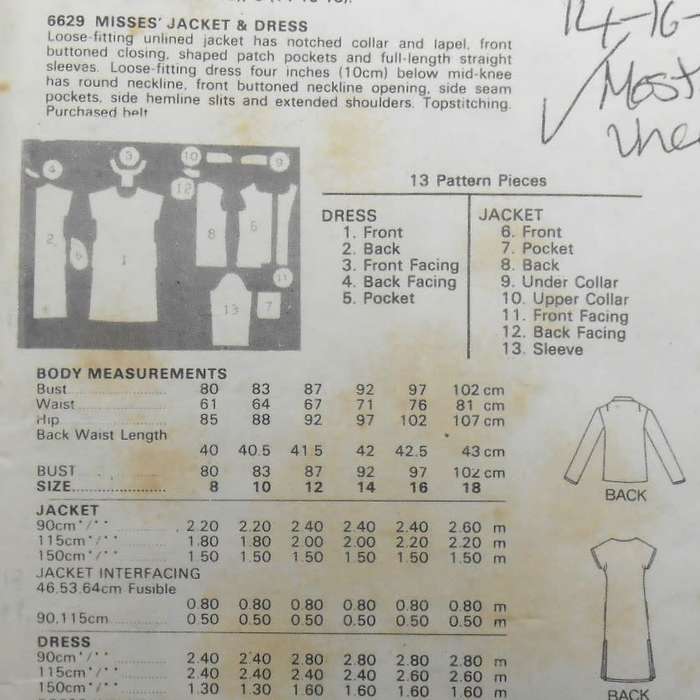 BUTTERICK 6629 JACKET-DRESS SIZE 14-16-18  COMPLETE-MOSTLY UNCUT