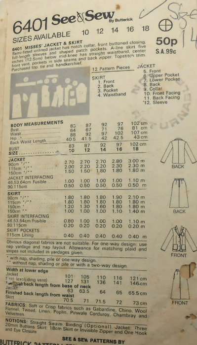 BUTTERICK 6401 JACKET & SKIRT SIZE 14 COMPLETE