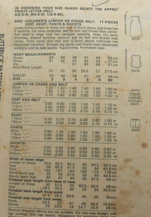 BUTTERICK 6452 GIRLS PINAFORE-DRESS-BELT-WAISTCOAT-SKIRT-PANTS-SHORTS SIZE 5-6-6X YR COMPLETE