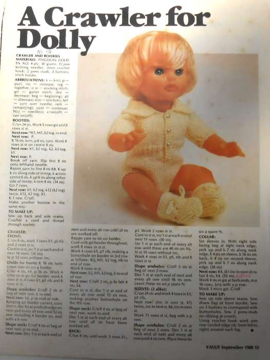 A CRAWLER FOR DOLLY-BABY LOVE DOLL CRAWLER & BOOTEES-VALUE SEPTEMBER 1980