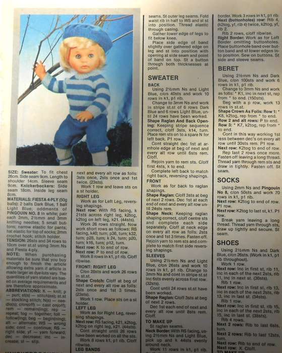 BERET-SWEATER-KNICKERBOCKERS-SOCKS-SHOES LOVE DOLL OUTFIT-WOMEN`S VALUE NOVEMBER 1982