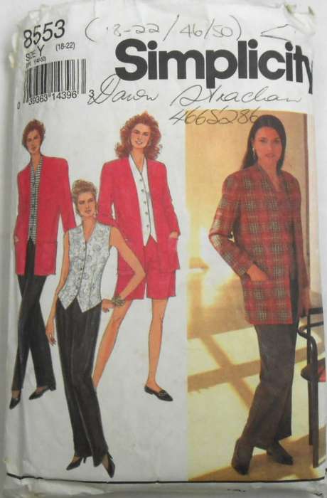 SIMPLICITY 8553 PANTS-SHORT-TOP-LINED JACKET SIZE 18-22 -PAGE 1-2 SEWING INS NOT SUPPLIED-UNCUT