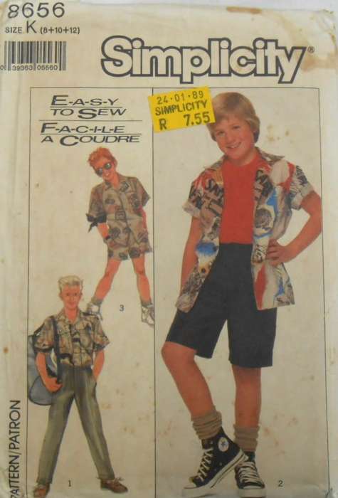SIMPLICITY 8656 BOYS PANTS-SHORTS-VERY LOOSE SHIRT SIZE 8-10-12 YEARS-COMPLETE
