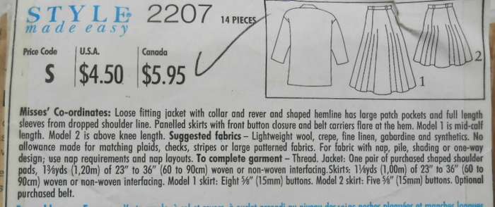 STYLE 2207 LOOSE FITTING JACKET+-SKIRTS SIZE 8-18-COMPLETE-CUT TO 18-ZIPLOC