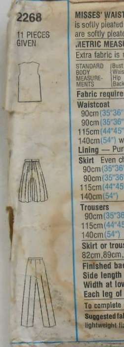 STYLE 2268 WAISTCOAT-SKIRT-PANTS SIZE 14 BUST 92 CM COMPLETE-ZIPLOC