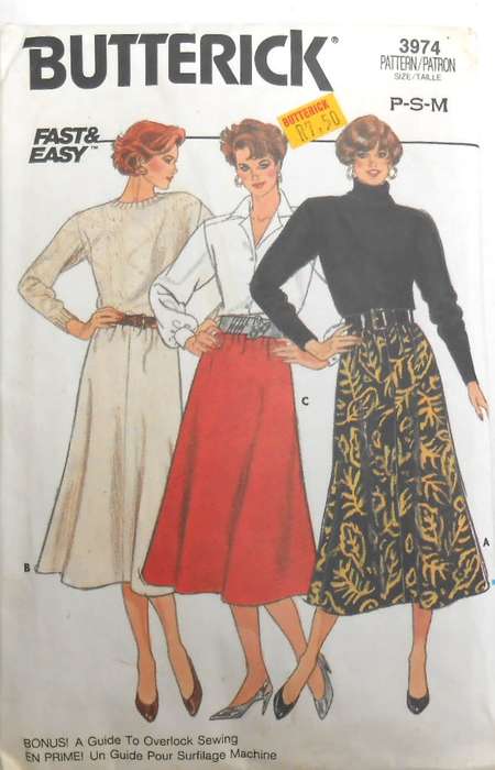 BUTTERICK 3974 SLIGHTLY FLARED SKIRT  SIZE P-S-M COMPLETE-CUT TO M